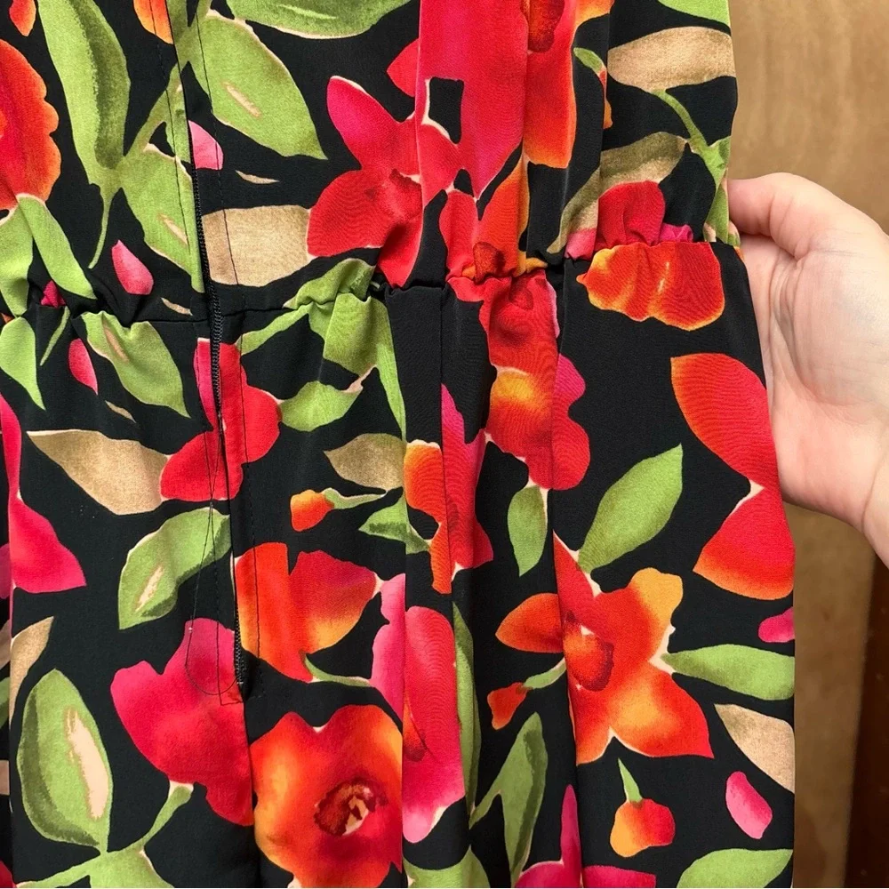 vibrant 90s floral faux wrap style dress, size 16 - Picture 3 of 7
